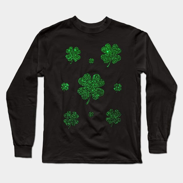 St Patricks Day, Deep Green 4 Leaf Faux Glitter Clovers Long Sleeve T-Shirt by Felicity-K